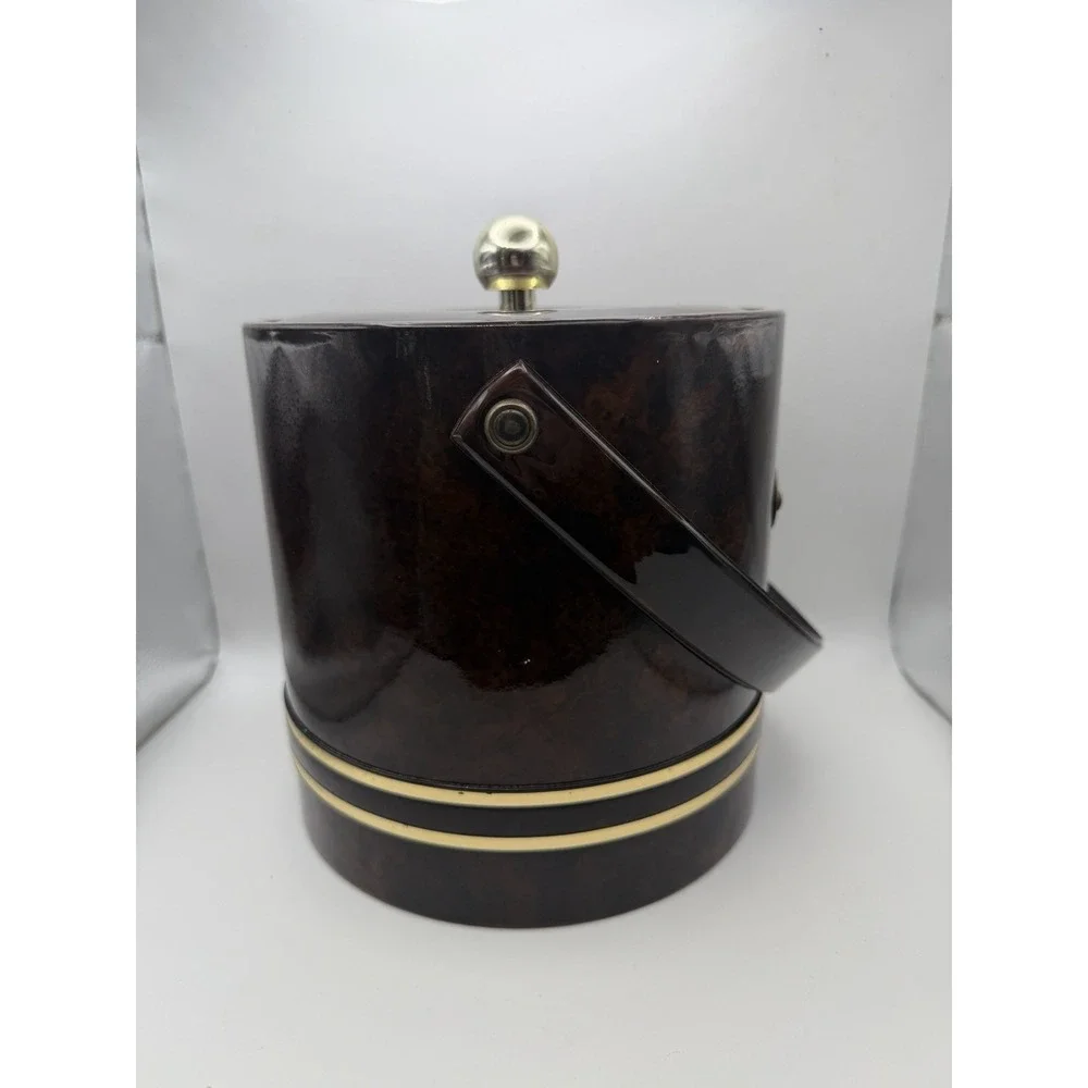 Vintage Faux Burl Wood Ice Bucket Brass Tone MCM Barware Vinyl Woodgrain